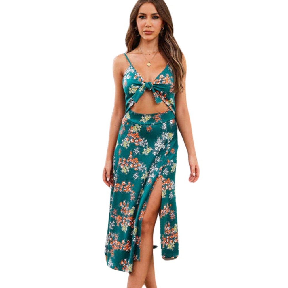 Boho Midi Satin Floral Turquois Slit Dress - Picture 2 of 4